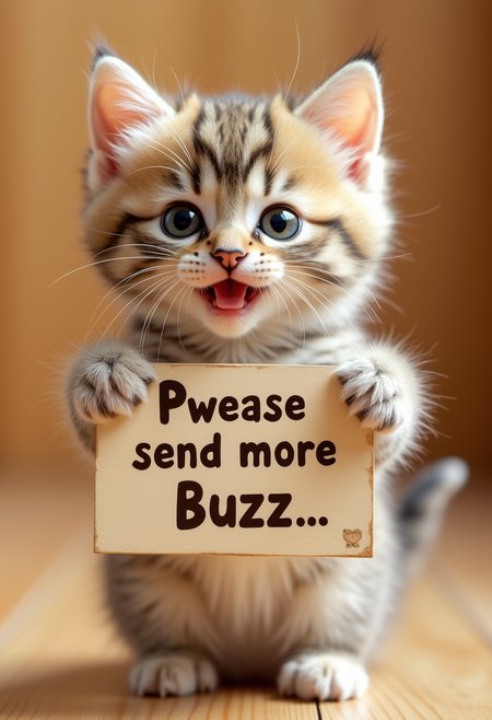 very cute little kitten, kawai, photorealistic, holding a sign that says "Pwease send more Buzz"