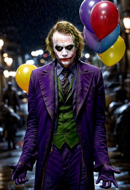 <lora:PE_Joker_DarkKnight:0.8> PEJoker, joker,
holding a bunch of balloons, heary rain, street, at night,
masterpiece, high resolution, octance 4k, high detail,
professional photo, cinematic,