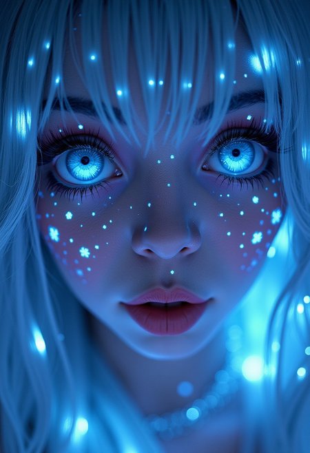 Create a close-up image of a fantasy maidens face. Her skin glows with a soft,ethereal light and is adorned with neon tattoos that cover her face in intricate patterns. The tattoos emit a magical glow that illuminates her delicate features. Her eyes are large and bright,subtly changing between shades of blue and white,as if holding an ocean within them. Her long,silver hair frames her face,adding a splash of magic to the scene. The background features a starry sky that enhances the dreamy atmosphere,fantasy art,<lora:ImageUpgraderV2:1>,