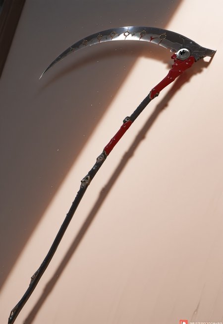 scythe weapon, scythe in front of you, perfect construction weapon, sharp blade, very detail weapon, BREAK, Hanging on the wall, perfect metal details, shiny blade, light on weapon, 3D, no person, ((no logo, no patreon logo)), 
HDR, 8K, high contrast, masterpiece, best quality, amazing quality, very aesthetic, high resolution, ultra-detailed, absurdres, perfect lighting, photorealistic, volumetric lighting, dramatic shadows, cinematic lighting, (sharp image), safe, BREAK, scenery, realistic/anime, (perfect anatomy, perfect hand anatomy, perfect face anatomy, perfect eyes anatomy, perfect mouth anatomy), perfect lighting, (sharp image), (dynamic poses), perfect anatomy, Focus face, lazyneg, RevScythe, SDXLposXL, 