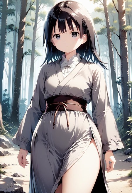 score_9, score_8_up, score_7_up, 1girl,FujisakaLP,high definition eyes, (masterpiece), (best quality), (ultra detailed),(disheveled hair),(illustration), (best shadow), detail1eye, wide thighs, wide hips, beautiful girl in gray robe standing in the dark forest, epic style, octane render, desert composition, beautiful face, hyperrealistic, award-winning, masterpiece, trending on artstation, by Studio Ghibli