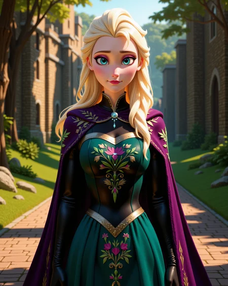 -looking at viewer, outdoors daylight, a 20 year old adult mature woman.
3d CGI Style,  front view photo of.
<lora:Frozen_-_Elsa_v2_000030:1> f-elsa, blue eyes, blonde hairdark teal off-shoulder gown with black bodice, embroidered with green and magenta floral patterns, purple cape, black gloves
Upper Body view passport style