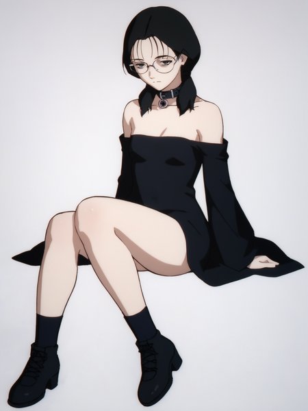 woman, 20 y/o, 20 year old, 20 year old woman, adult, score_9, score_8_up, score_7_up, score_6_up, score_5_up, BREAK masterpiece, high quality, white background, solo, <lora:Yomoda_Chisa_PDXLv0-e55:0.8> yomoda chisa, glasses, gothic, v:1.2, small breasts, black dress. white dot dress, full body, sitting, black footwear, black collar, death girl,