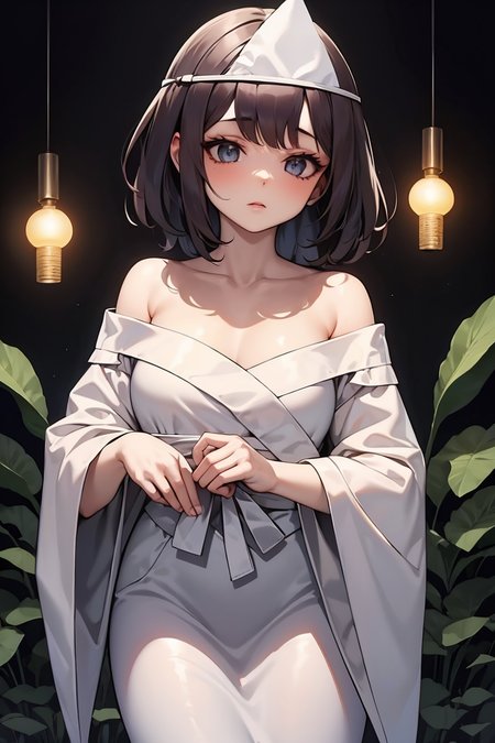 (masterpiece, best quality), 1girl, <lora:JapanGhostV2:1> ghost costume, triangular headpiece, off shoulder