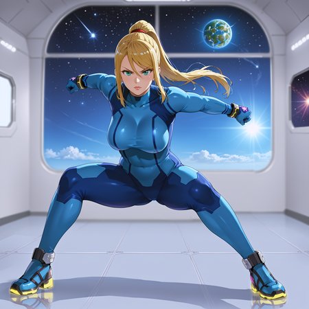 takeda hiromitsu style, source_anime, anime screencap, uncensored, dynamic angle, dynamic view, takeda hiromitsu style, dynamic pose, foreshortening, extreme perspective,
sole female, solo, 1girl, samus aran, blonde hair, swept bangs, long hair, ponytail, mole under left lip, turquoise eyes, zero suite, blue body suit, blue gloves, metal bracelets, sagging breasts, medium breasts, skintight, fully dressed, action pose, dynamic pose, determined, superhero landing, dynamic pose, holding gun, complex background, detailed background, inside giant spacecraft, outer space in window, multiple galaxies in the background, giant view of space, giant window with a view of space, view of planets, view of stars, depth of field, blurry background, volumetric lighting, back lighting, side lighting, 3 point lighting, reflective floor, glossy floor, reflective interior,
<lora:takeda_hiromitsu_style_xl_goofy:1.0>, <lora:DynamicPose_alpha1.0_rank4_noxattn_100steps:3.0>, <lora:Superhero_landing:0.5>