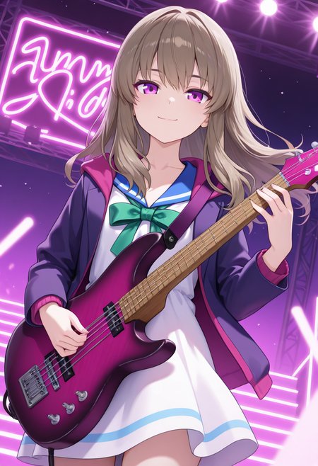 1girl,solo,<lora:nanaseil:0.9>,hagiwara_nanase,purple eyes,long hair,brown hair,jacket,open jacket,hood,dress,long sleeves,green bow,sailor collar,collarbone,looking_at_viewer,cowboy_shot,smile,holding_guitar,playing_instrument,stage,neon lights,night,incredibly absurdres,masterpiece,best quality,good quality,newest,dynamic_angle,wind,