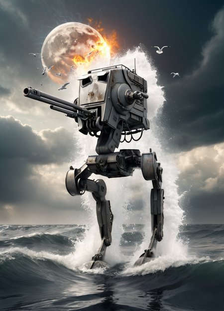 atstwlkr machine walking through water with his guns blazing, machine guns firing, shooting at seagulls, ripples, waves, fluid, massive, scary, science fiction, gunsmoke in the sky, dramatic light, strong wind,
<lora:AT-ST_-_Scout_Walker_SDXL:0.8>