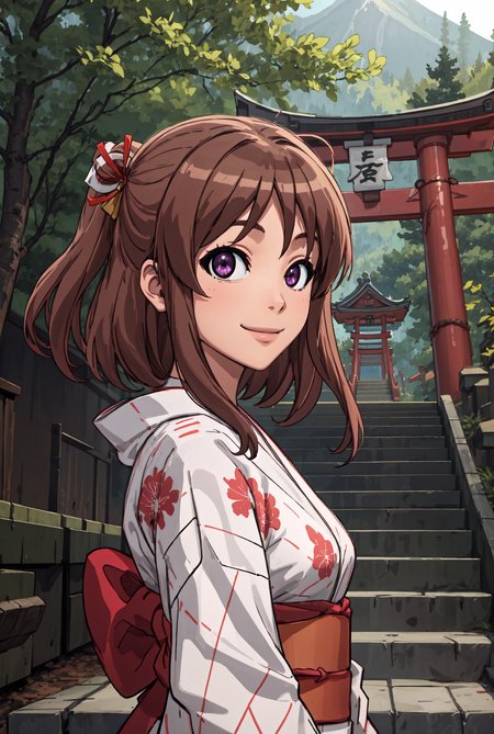 (best quality), (masterpiece), rinna_fuwa, brown hair, purple eyes, yukata, looking at viewer, smiling, stairs, japanese temple, mountain, forest, torii, upper body, <lora:rinna_fuwa:0.8>