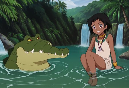 Tick tock crocodile,male animal focus,tail, crocodile , crocodile mouth open,smile ,green skin, blue eyes, Tick Tock the crocodile is giant and very huge size,teeth, crocodile swimming and submerged in the water,Tick Tock the crocodile looking Choi_mochimazzi,Choi_mochimazzi an anime girl, 1girl, looking at viewer, smile, short hair, Choi_mochimazzi sitting down on the crocodile belly,Choi_mochimazzi IS her very little size. Base - choim, short hair, black hair, red eyes, dark-skinned female,purple eyes, Base Outfit - dress, jewelry, dark skin, necklace, bracelet, wristband, neck ring, anklet, barefoot,river,palm trees, jungle, tropical _island,village, temple,Disney, waterfall,retro_anime, manga,tamako_market
