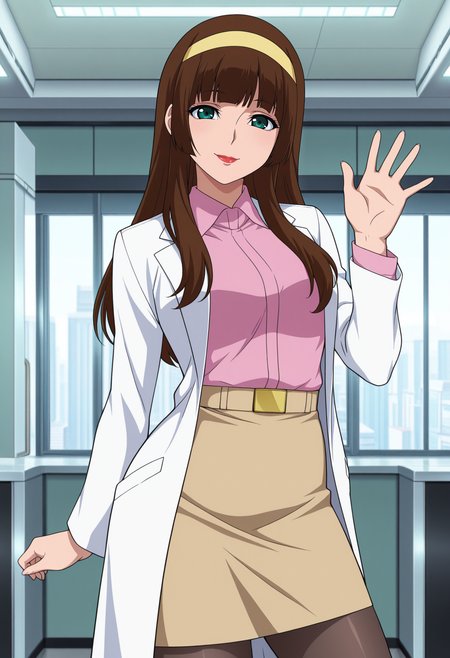 1girl,solo,mm,mature female,long hair,hairband,lipstick,brown hair,green eyes,bangs,anime coloring,
labcoat,pink shirt,pencil skirt,pantyhose,looking at viewer, contrapposto, waving,indoors,smile
,masterpiece,best quality,amazing quality,<lora:Sayaka_Yumi-Mazinger_Z_Movie-Infinity:0.8>