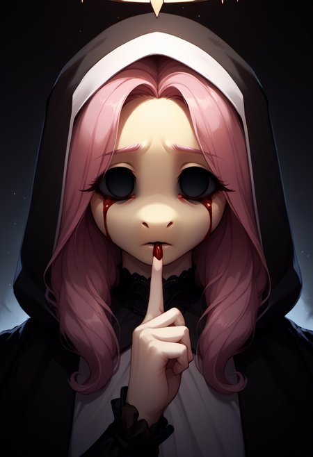 core_9, score_8_up, score_7_up, score_6_up, zPDXL3, (fluffy:1.2), (good_hands:1.1), (Fluttershy:1.3), (anthro:1.3), (pony:1.3), (wings:1.2), (black halo:1.2), GlowingHalo, (empty eyes:1.8), (bloody tears:1.4), close-up of face, (disheveled hair:1.2), Shuffling, (finger to mouth:1.2), (index finger raised:1.2), character in dark monk's robes with intricate lace details, (hood partially covering head, elaborate folds, deep shadows, intricate textures:1.7), dark atmosphere, gothic, mysterious, cinematic lighting, (intricate details:1.3), (ultra-detailed face:1.3), (smooth skin texture:1.2), (volumetric lighting:1.2), (subsurface scattering:1.2), (Unreal Engine 5:1.2), (sharp focus:1.3), (dynamic lighting:1.2), (micro-shadows:1.2)
