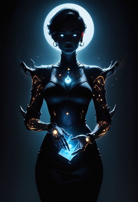 score_9, score_8_up, score_7_up, score_6_up, score_5_up, score_4_up, magical mystical glowing cyborg, semiconductor crown, moonlight office, dark shadows, glowing in the dark,  bright colors, high contrast, dark background, vivid lighting, night business space
