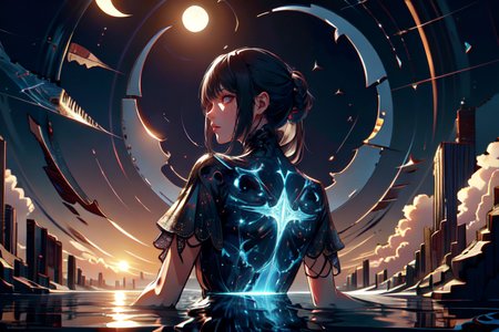 highly insanely detailed, masterpiece, top quality, best quality, highres, 4k, 8k, RAW photo, (very aesthetic, beautiful and aesthetic),  
(code_style,codestyle), 
<lora:CodeStyle (half generic class)_564920:1>, 
(1girl:1.3), 1other, 
shattered_moon,crescent moon,crescent,half_moon,moonlight,light rays,dappled sunlight,sunset,scorching sun,sunlight,bright sun,obsidian background,âââ