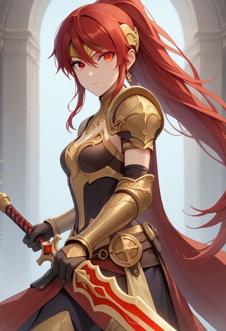 score_9, score_8_up, score_7_up, source_anime, , HD, masterpiece, best quality, hyper detailed, ultra detailed, 1girl, PyrrhaNikosXL, green eyes, red hair, long hair, ponytail, hair between eyes, forehead protector, medium breasts, gold gorget,  gold armlet, black elbow gloves,
Knight, plate armor,  wielding a sword and shield, dramatic pose,
(red eye trail:2.0), yellow eye trail,
