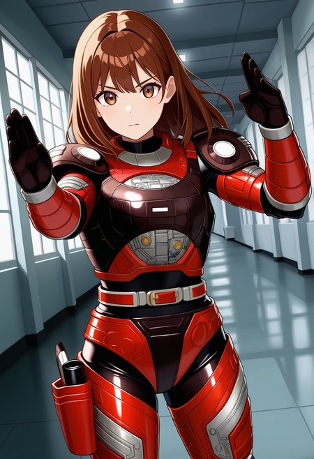 1girl, solo, R3ddle, armor, bodysuit, shoulder pad, gloves, belt, holster, brown hair, brown eyes, cowboy shot, dutch angle, looking at viewer, shiny clothes, fighting stance,
indoors, hallway, metal wall,
best quality, very aesthetic, masterpiece,