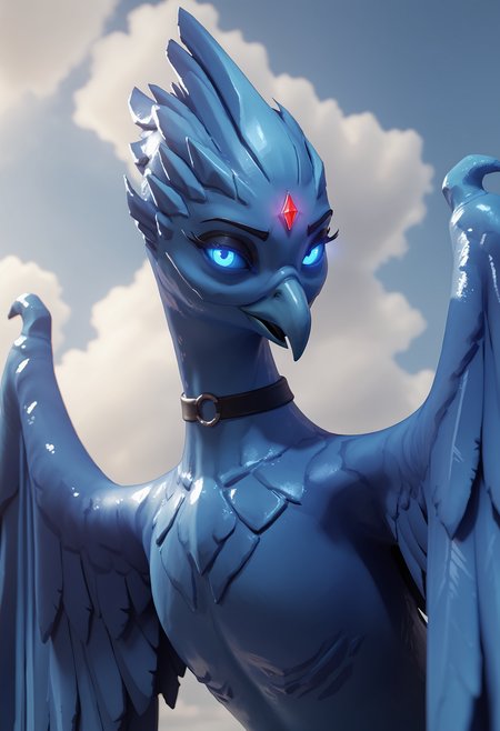score_9, score_8_up, score_7_up, score_6_up, score_5_up, score_4_up, 1girl, <lora:Anivia:0.85> solo, no humans, bird, colored skin, blue skin, wings, feral, forehead gem, blue eyes, colored sclera, blue sclera, glowing eyes, upper body, standing, choker, long eyelashes, black eyeshadow, eyes half closed, 
sky, clouds, 3d, render,