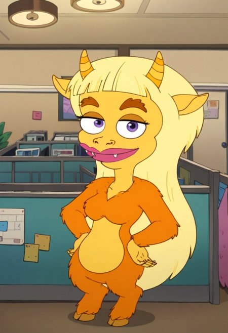 score_8, score_8_up, score_7_up, 1girl, female focus, furry, Solo, female monster, Lorraine_BM, purple blue eyes, blonde hair, long hair, yellow horns, big ears, broad mouth, fluorescent pink lips, little fangs, wide nose, brown eyebrows, yellow skin, alloy orange body fur, hooves as feet, smile, standing, indoors, bed, bedroom, nightstand, lamp, window, looking at the viewer, happy, hands on hips, full body