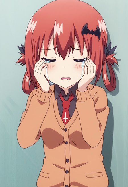 anime screencap, cowboy shot, upper body,
sad, crying, tears, hands rubbing eyes,
satanichia kurumizawa mcdowell,1girl,solo,long hair, bat hair ornament,hair ornament,necktie, hair rings, cardigan, school uniform, closed eyes, frown, 
blush, open mouth, arms raised, hands on face, cat paw, scream
BREAK 
outdoors,school building,grass,three,school yard,
leaning against a wall