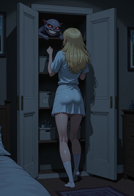 An illustrated scene of a beautiful woman opening a closet door in a dark bedroom.  The woman has long blonde hair and is wearing a short night shirt and knee socks. She has long, slender legs, She is scared and apprehensive. The bedroom is dark. The scene is foreboding but slightly comic, as the woman's fears have manifested inside her closet. There is a small monster on the top shelf of the closet. Only the monster's teeth are visible. The teeth are shining bright white in the dark closet. The monster is smiling cruelly. Partial rear view. Perfect hand. Highest quality, best quality, masterpiece.