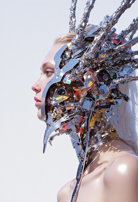 (hyper-realistic, 8K, HD) close-up portrait of a futuristic woman wearing a fractured, asymmetrical mask made of silver crystal, detailed with jagged chrome spikes extending outward in chaotic, neural-like paths. The mask glints with metallic reflections, enhancing the sharp contrast against her smooth porcelain skin. She wears a precision-crafted dot-and-line bodysuit, complex and digital, interwoven with 12 vibrant colors: sapphire blue, ruby red, emerald green, golden yellow, amethyst purple, coral pink, aquamarine teal, obsidian black, pearl white, burnt orange, silvery gray, and deep violet. Each hue is distributed with care, forming kinetic, holographic patterns that flow over her body in motion. Her shoulder-length white hair is sleek and clean, gently framing her face and softening the harsh edges of the chrome. The background is a gradient of pale silver and white, amplifying her futuristic, high-tech aesthetic. Directional lighting from the left casts sharp, cold highlights across the spikes and crystalline surface, while subtle shadows emphasize the vivid color geometry of the suit. The image balances icy elegance with intricate, machine-level precision. (xijie_blue, mythp0rt, dynamic pose)