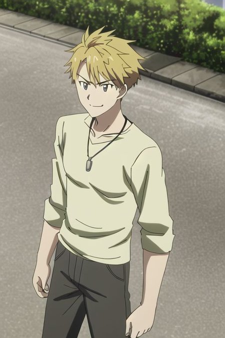 photorealistic, (4k), extremely detailed, hyper detailed, high resolution, professional photography, best quality, ((1boy)), solo, ((male focus)), easynegative, males, outdoor, Yamato Ishida, dark, T-Shirt, candid photo, angry, smile, anime, necklace, bracelet