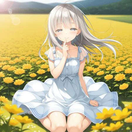 <lora:Marmalade_art_n32c16_nai_Loha-000097:1.5>,Marmalade art,
BREAK
1girl,solo,smile,half-closed eyes,looking at viewer,wind,floating hair,long hair,arm at side,finger to mouth,wariza,flower field,depth of field,lens_flare,