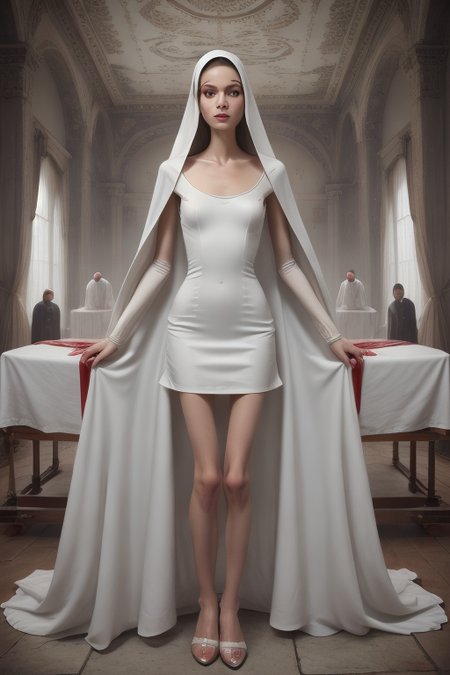 superskinnybody nun, white dress, coffin with red satin, masterpiece, 4k, intricate details, highly-detailed, hyper-realistic, best lighting,  <lora:superskinnybody:0.95>