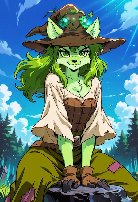 SophieSW, 1girl, solo, furry female, anthro, green hair, long hair, wavy hair, animal ears, patchwork brown witch hat, yellow sclera, green eyes, black snout, green fur, patchwork clothes, white shirt, wide sleeves, large breast, cleavage, brown corset, belt, green patchwork skirt, thick thighs, brown fingerless gloves, bare shoulders, ears through headwear,
,seductive pose, sexy pose, tease, 
masterpiece, best quality, fine details, intricate details, depth of field, subsurface scattering, bokeh,
 ultra-detailed, very aesthetic, detailed background, newest, scenery, highres, absurdres, colorful, vibrant, glowing, perfect face, 2d, perfect eyes,  vibrant saturated colors, volumetric lighting, sharp, detailed eyes, perfect anatomy,  perfect face, perfect eyes, mature body, clear eyes, beautiful eyes, athletic, curvy body, athletic girl, perky tits, perfect tits, round breasts, pinup pose, teasing, lustful expression, perfect hands, 
muscular female, dutch angle, 
flexible, action angle,floating hair, floating clothes, outdoors, sitting, stone, ruins dark temple, blue sky, cloud, grass, forest, 
,Smooth Negative, Smooth_Quality,
90s_anime_aesthetic, 1990s (style), dark_fantasy_style, dark fantasy, retro,, retro artstyle