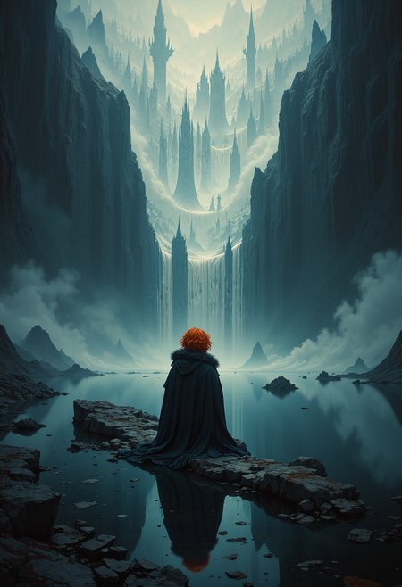 A lone figure with vibrant auburn hair, draped in furs and dark fabric, kneels on a precipice overlooking a tenebrous, reflective surface. Their form is mirrored below, but instead of a reflection, a cascade of spectral figures, rendered in diaphanous white, plummets into an abyss, their forms increasingly obscured by a stygian haze. Utilize chiaroscuro lighting, emanating an ethereal luminescence from the spectral figures, contrasting sharply with the melancholic palette of the primary figure and the desolate landscape. Emphasize the profound solitude and the haunting premonition of the piece.Hyperrealistic digital illustration, octane render, volumetric lighting, anamorphic lens flares, global illumination, high dynamic range, s-curve contrast, filmic gamma curve. dreamwave   <lora:FLUX - Dreamwave Abstract Style ( dreamwave ):0.6>