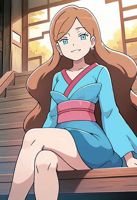 masterpiece, best quality, 1girl, solo, looking at viewer, smile,   zzLinnea, blue eyes, brown hair, long hair, earrings,  blue kimono, sash,  , <lora:LinneaPokemon_IXL_v2:1.0>, sitting, crossed legs, upper body focus, smile, looking at viewer,