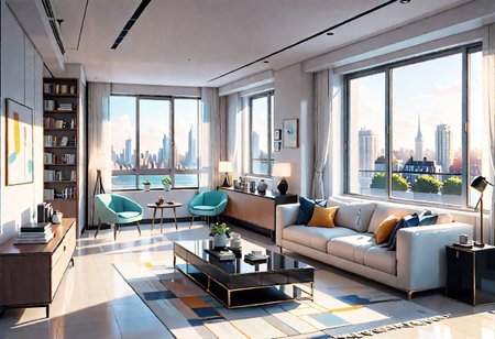 ((front view)), Shallow scene, ((animation style)), modern-style interior, with white walls, (large windows), a  study, Sofa, coffee table, bookcase, single wall, 
warm light morning sun, (City high-rise building scenery)