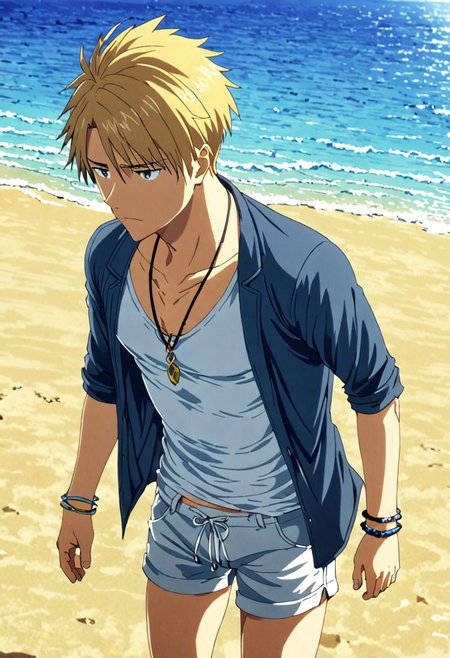 high resolution, solo, best quality, 1Boy, Yamato Ishida, Blond Hair, Necklace, beach, calm, clear sky, candid, open shirt, shorts, sixpack, necklace, bracelet, OverallDetail