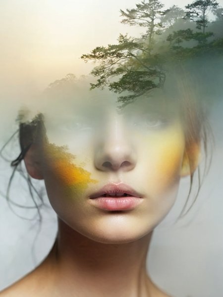 free flowing, high definition, color theory, stunning, sharp focus, close up of head,  portrait of a girl, double exposure, fog, amora-style <lora:antonio-mora-style:1>