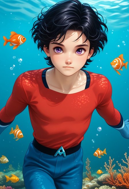 Underwater, fish, bubbles, 1boy, solo, cute boy, floating underwater, fully submerged, Aqualad, Black Hair, Purple eyes, red shirt, blue gloves, blue pants,