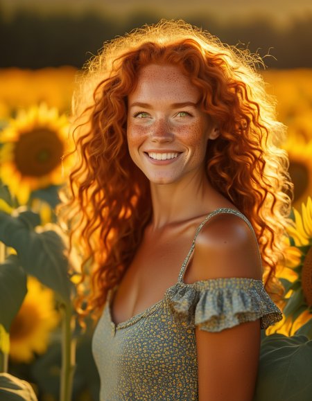 A portrait of a model with thick, curly red hair, her freckled face glowing with warmth. Sheâs standing in a field of sunflowers, her amber eyes filled with joy as she basks in the golden light of the late afternoon sun. <lora:usual-portrait-v2:1>
