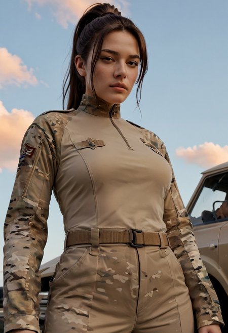 score_9, score_8_up, score_7_up, score_6_up, score_5_up, detailed, female, (20 yr old), petite, (brown hair), expressiveh, (high ponytail), beautiful hair, brown eyes, big breasts, g4multicamuniform, see_through top from below, dominant, light blue sky, orange clouds, jet formation at the sky, <lora:t0sh14XLP:0.7> <lora:G4MulticamUniform:0.7>