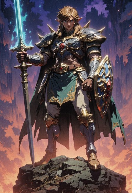 1 man,masterpiece, best quality, highres, ultra-detailed, dramatic lighting, full body, fantasy style, hero pose,  link, detailed armor, iconic green tunic upgraded with silver and gold elements, medieval plate armor parts, right hand holds Hylian shield, left  hand holds Master Sword, glowing sword, powerful stance, windswept hair, standing on a rocky cliff, twilight sky, glowing triforce on hand, epic background, magical aura, heroic expression, battle-ready, cinematic feel, fantasy environment, legendary hero