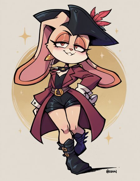 zPDXL, score_9, score_8_up, score_7_up, source_anime,
1girl, solo, half-closed eyes, smile, (leaning back), pirate wearing Maroon coat with golden brocade, breeches, leather tricorn hat with a peacock feather, polished leather boots, gold hoop earrings, wielding cutlass with a curved blade and brass hilt, Cream the Rabbit, orange rabbit, rabbit ears, rabbit tail, little girl, child, shortstack, flat chest,
<lora:valbun_v2:1> valbun,