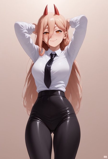 score_9,score_8_up,score_7_up, source_anime, 2.5D, Expressiveh, 1girl, whole face visible, whole body visible,
BREAK,
Power (Chainsaw Man), freckles, yellow eyes, cross-shaped pupils, blonde hair, long hair, red horns
BREAK,
collared shirt, white shirt, black necktie, (black pants), 
BREAK,
shiny skin, perfect ass, small ass, medium breasts, perfect breasts, slender figure, short, small waist, 
BREAK,
girl looking at viewer, extremely horny, standing, facing camera, arms above head, from below