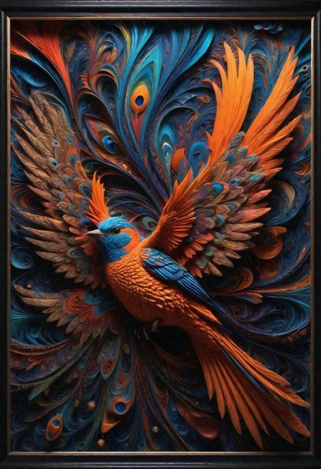 vivid colorful realms of your mind, abstract details, distinctive visuals, Full 3D, Intricate, sharp details, UHD, (3D Framed, Bird)