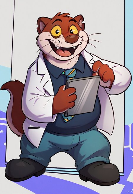 score_9, score_8_up, score_7_up, Mink, Red and white fur, Scientist, Lab coat, striped tie, blue dress shirt, light blue pants, grey shoes, tail, chubby, cartoon, face, furry, male focus, solo, full body, excited eyes, open smile , front view, laboratory background, solo, <lora:EMS-307707-EMS:1.000000> bulge, looking at pov, holding tablet, happy, dutch angle, Yellow Sclera