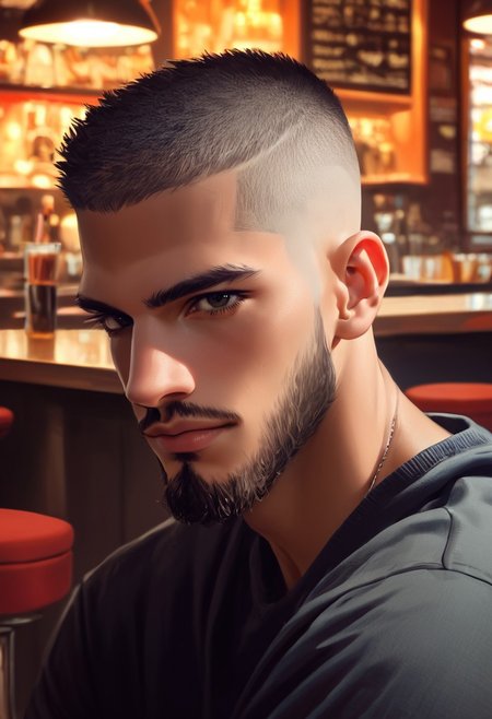 score_9,score_8_up,score_7_up, 30 yo man with beard posing, restaurant, hyperdetailed photography, headshot, buzz cut hair, very short hair, looking at viewer