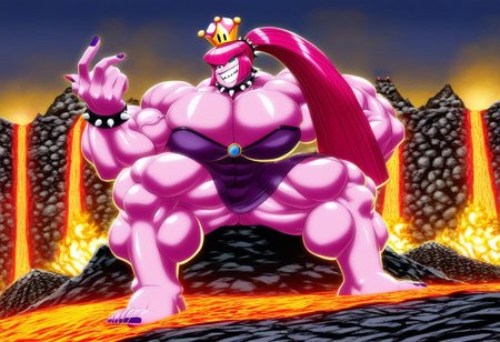 Pinkamena Diane Pie, Equestria Girls, poseMega, 1girl, breasts, super crown, collar, large breasts, bracelet, crown, ponytail, long hair, smile, jewelry, teeth, nail polish, grin, pink_dress, leaning_forward, shirtMega, poseMega, big muscle,large muscle,hyper muscle,huge muscle,thick limbs,thick thighs,thick arms, full body, monster muscles, sitting, throne, FIRE, CITY, CREEPY, LAVA, VOLCANO, CASTLE