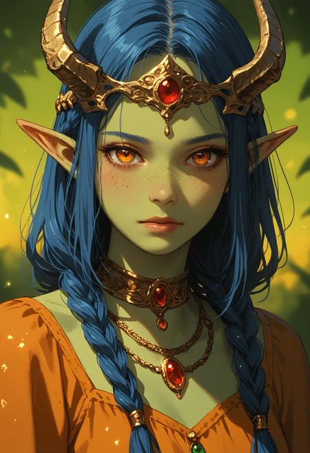 score_9, score_8_up, score_7_up,source_anime,blue hair, braided hair, long hair, elf ears, horns,green skin, freckles, gold headpiece, gold jewelry, multiple necklaces, orange dress, close-up,ethereal, dreamy,fantasy art,colorful, intricate design, ornate jewelry, fantasy theme, mystical, captivating eyes, serene expression, magical atmosphere, warm colors, high depth of field,gentle expression, sinozick style,flat color,<lora:add-detail-xl:1>, <lora:perfect-eyes:0.8>, <lora:Sinozick_Style_XL_Pony:0.71>