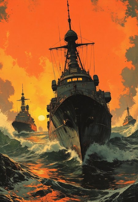 Japanese warship of the 90s, moving on rough waves, with high masts and massive structure. In the background is a blazing orange sky, sunset. Behind can be seen other ships moving away in the distance.