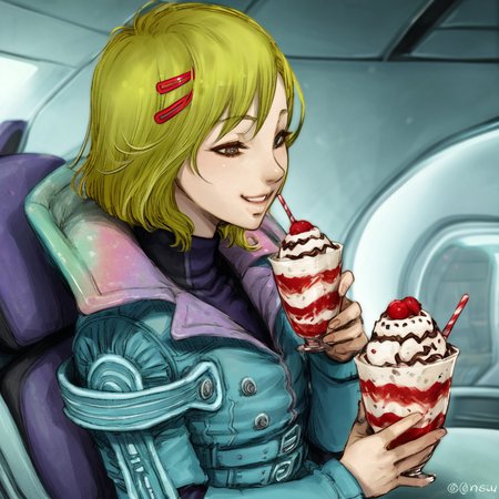 best quality, masterpiece, netsu, blonde hair, short hair, hair ornament, hairclip, jacket, smile, eating parfaits, spaceship interior