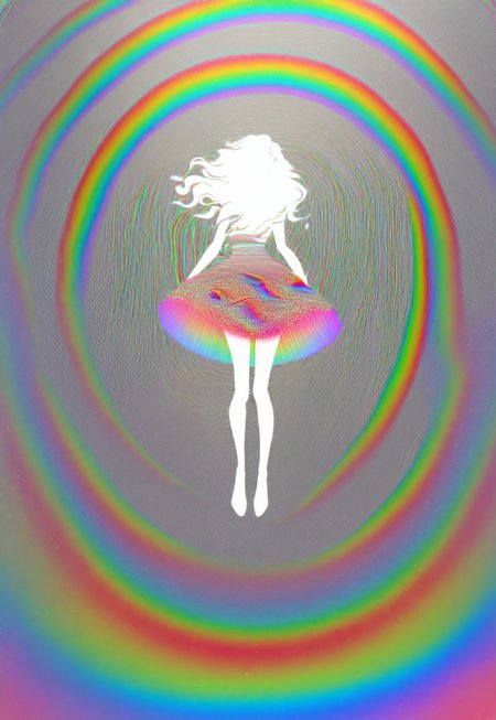 masterpiece, very aesthetic, absurdres, Chr0m1um Style, Chr0m1um Style, 1girl, abstract, solo, rainbow, colorful, tulle skirt, rainbow clothing, comic art style, holographic, embossed, chromium, glitter
