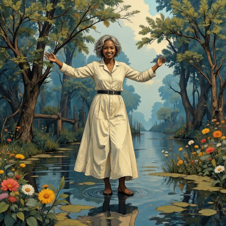 Socialist Realism painting. Ground level wide angle view. goth theme. Full body. Old Haitian smiling mechanistic male Western nun disco dancing in a animalistic wetland setting. Intricate white and pale-blue and gold ebru details. Overall, the scene is misty and is very detailed. Dramatic lighting illuminates the scene from the right. <lora:Charcoal01d_CE_FLUX_AIT:0.6> <lora:Paper_Marbling_Flux:0.5> <lora:아름답고_우아한_r1:0.6> <lora:midjourney_whisper_chromaplex_v1:0.6>