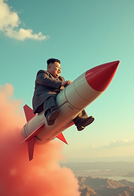 Kim Jong Un riding a missile through the sky rocketride, <lora:RocketRide:0.8>