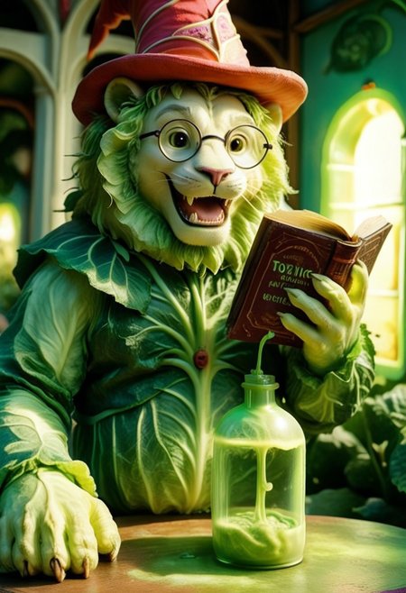 (An anthropomorphic white lion looks out at an audience, while reading aloud from a magical book, solo, 1man, 70yo, open mouth, happy smile, black and pink magician old dusty outfit made of cabbages, very small black round glasses, red hat:1.5). An opened impressive magic book, (book cover made of cabbages leafs, cabbage, cjdl:1.5), (leaking green fluo neon acid from inside to the outside, TOXNEO:2). (side view, 3/4:1.4), (focus on the book pages:2). Rays of light coming from inside the book.
 The atmosphere is magical and dreamy. 
(In the foreground, we see a cabbage that transforms into a monster following a toxic liquid, TOXNEO.:2)
Dusk, blue sky, orange rays of sun. dutch-angle, (foreshortening, perspective:2).